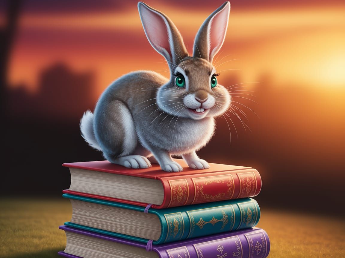 Whimsical Rabbit Surveys a Stacked Library in Warm Twilight