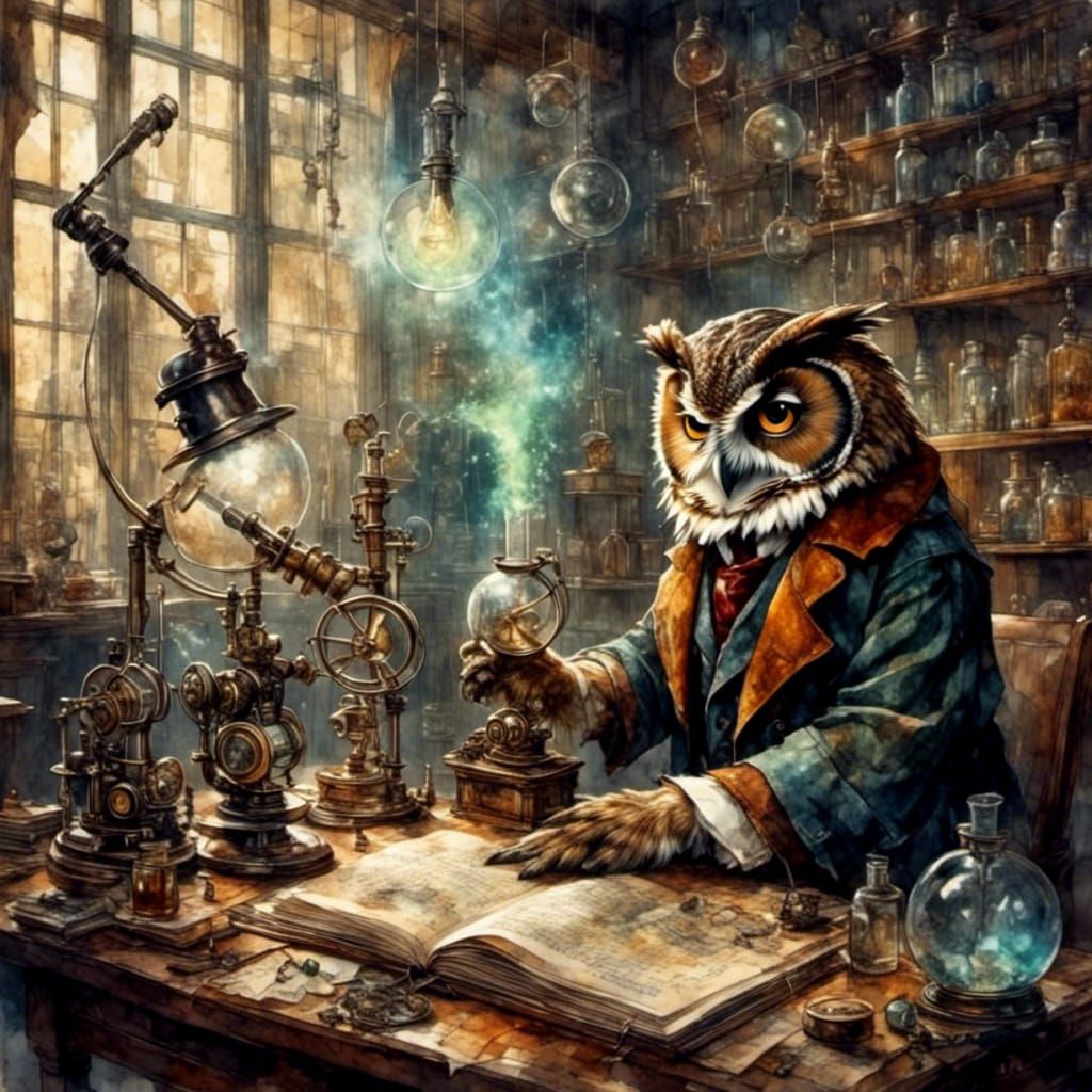 Mad Scientist Owl Professor in Watercolor Style