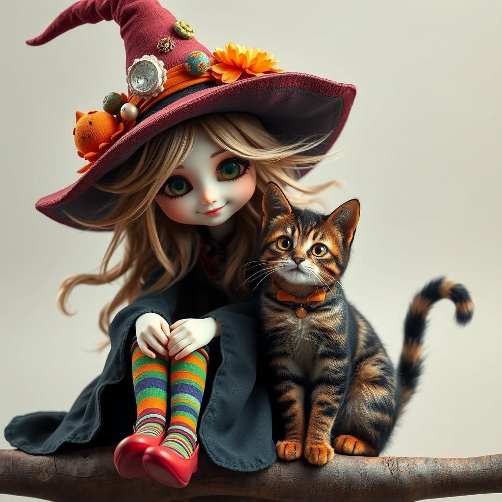 Enchanting Witch and Playful Cat in Hyperreality