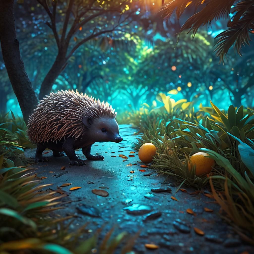 Echidna with Mango in Tropical Landscape, 3D Digital Art