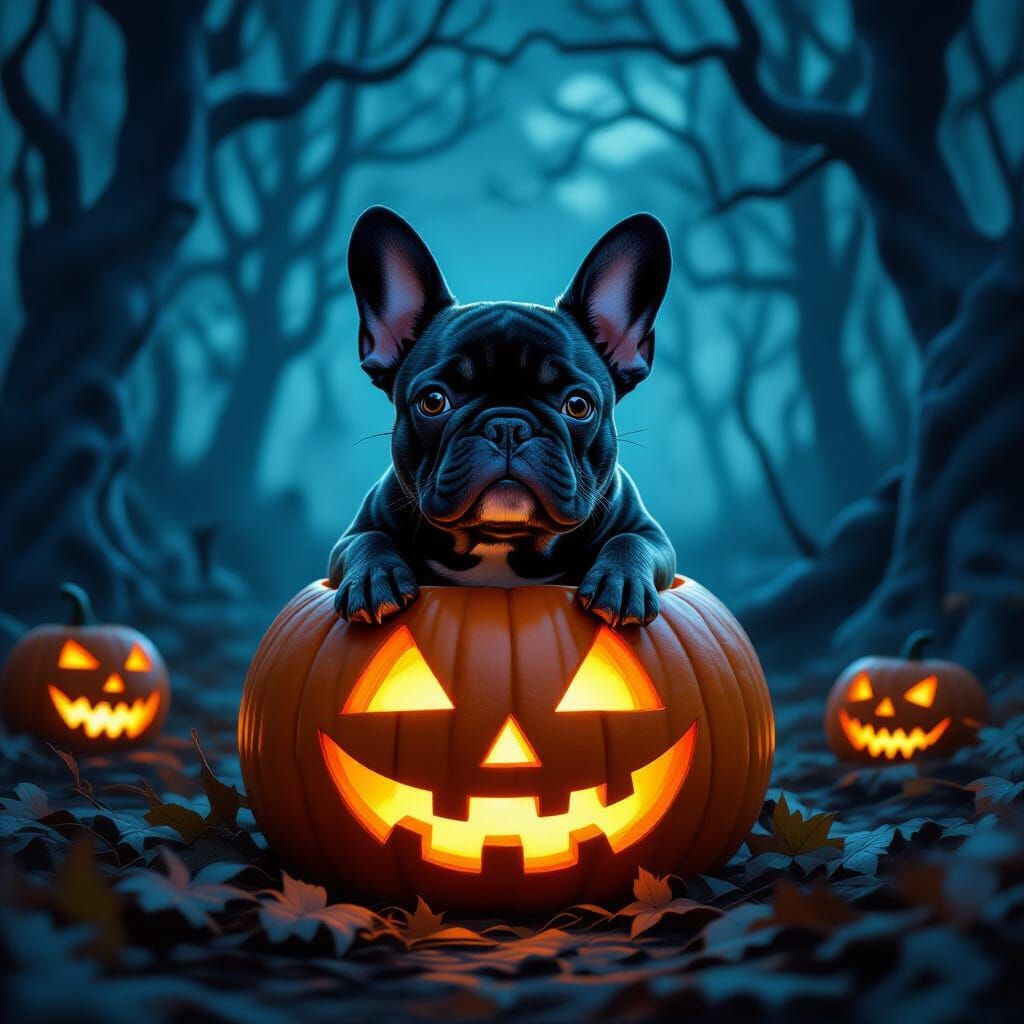French Bulldog in Glowing Pumpkin, Eerie Forest Halloween Sc...