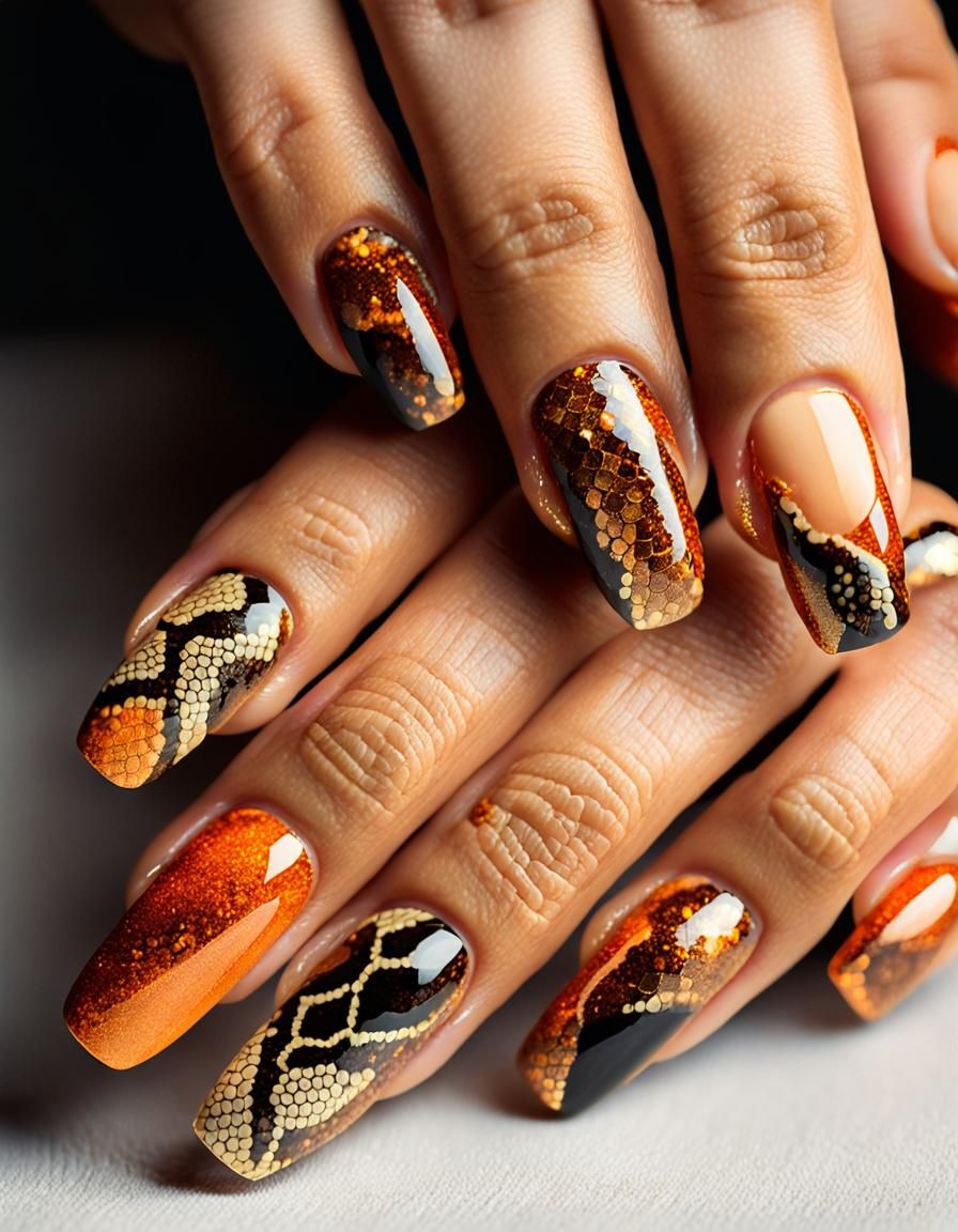 Autumn Snake Pattern Nail Art in Macro Photography