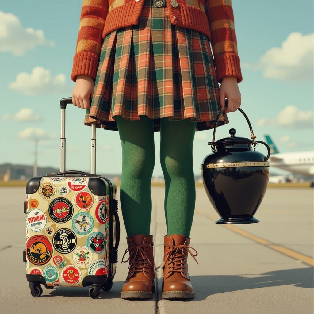 Wes Anderson Style Girl with Urn at Airport