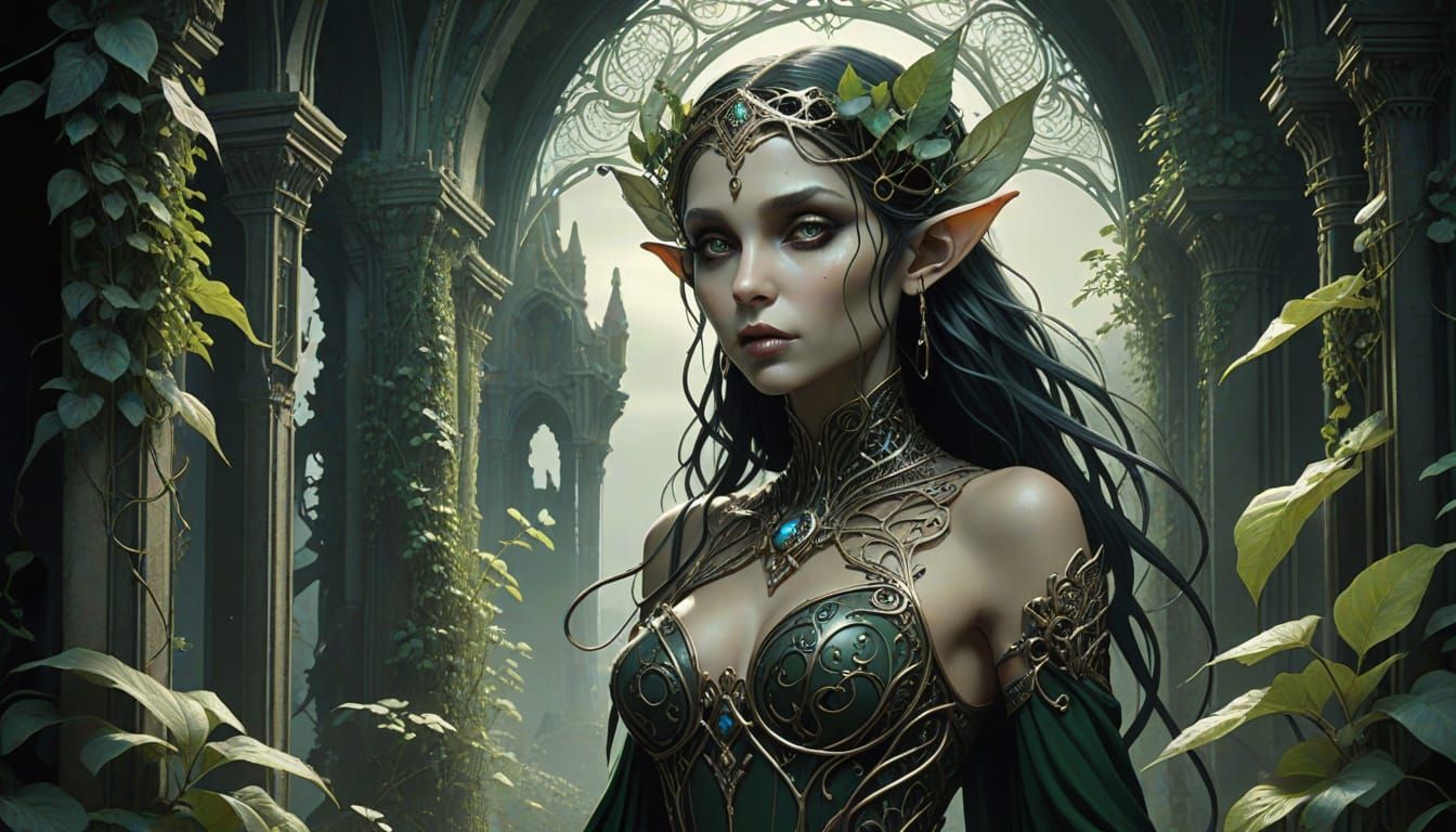 Art Nouveau Elf Woman With Cybernetics in Ruin