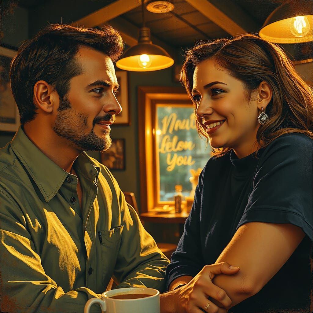 Man's Sincere Promise in Cozy Cafe Oil Painting