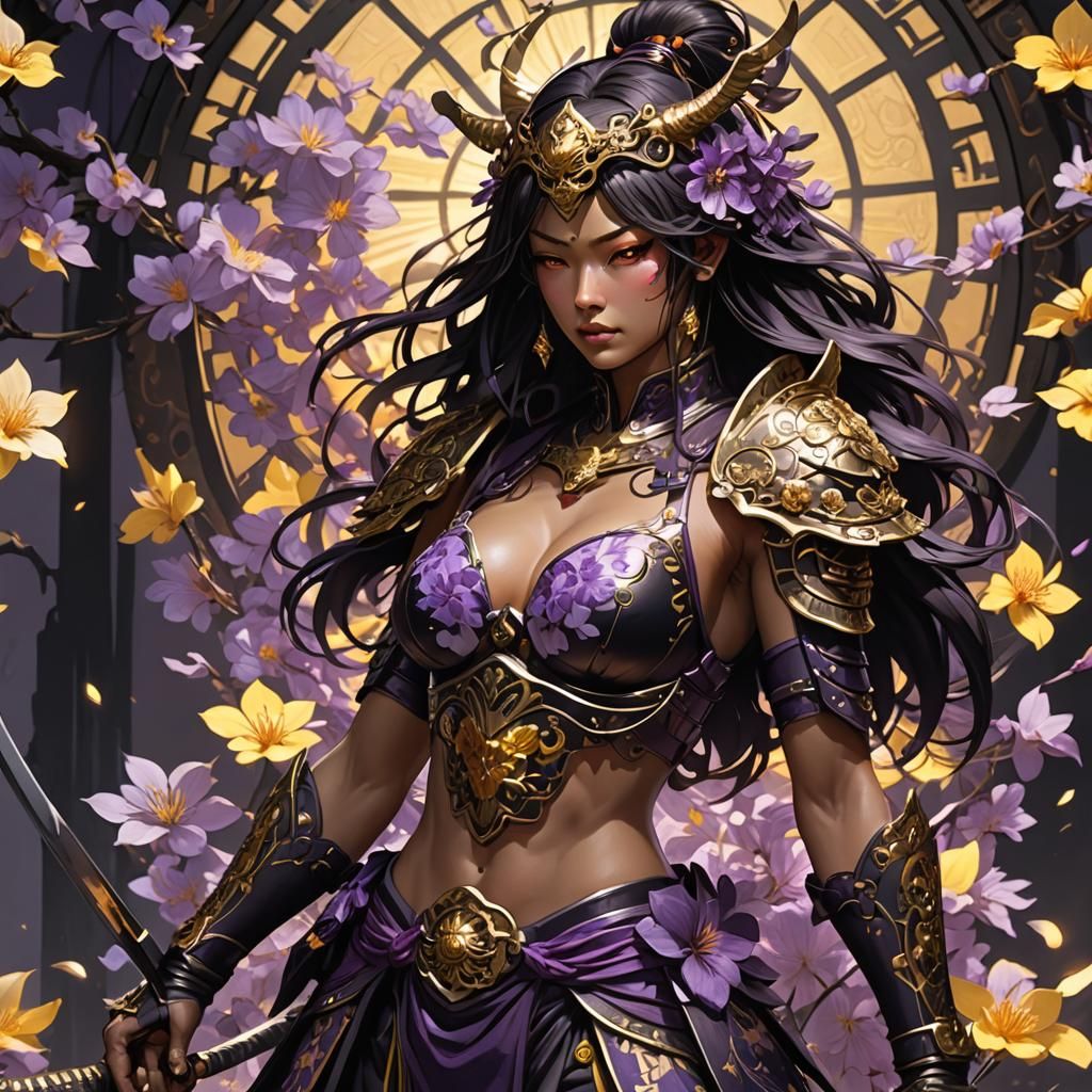 Female Samurai in Cherry Blossoms, Art Nouveau Style