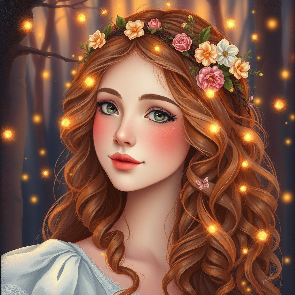 Whimsical Portrait of Enchanted Young Woman in Mystical Fore...