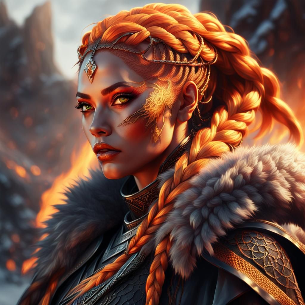 Fiery Braids: A Hyper-Realistic Fantasy Warrior Portrait
