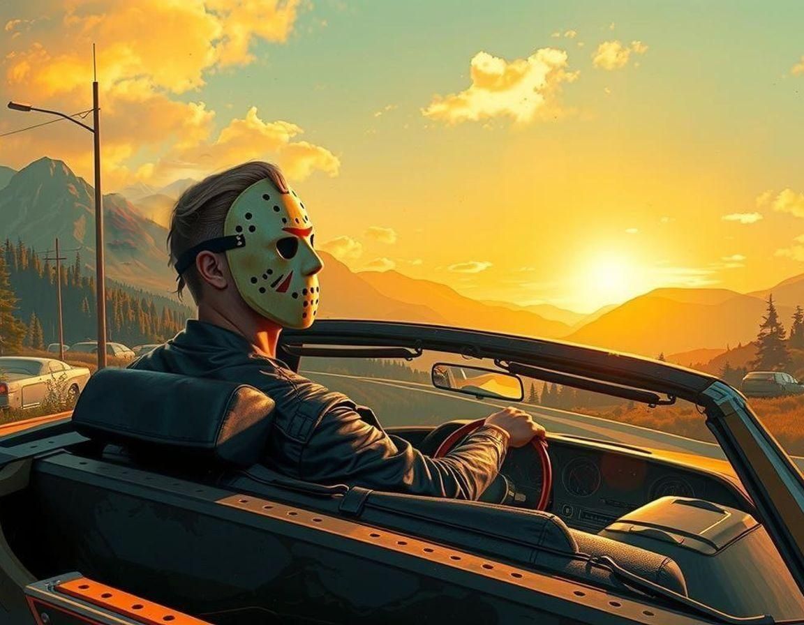 Jason Voorhees' Relaxing Drive in Surreal Landscape