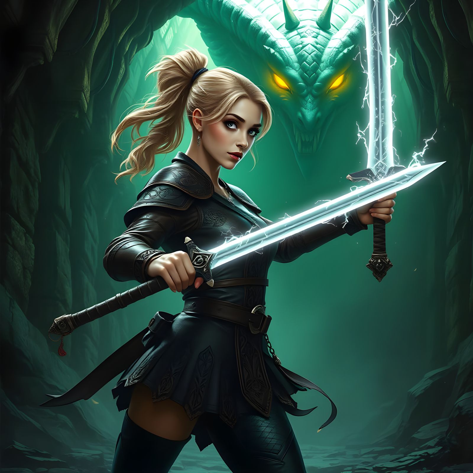 Sorceress in Leather Armor Faces Balrog in Ancient Catacombs