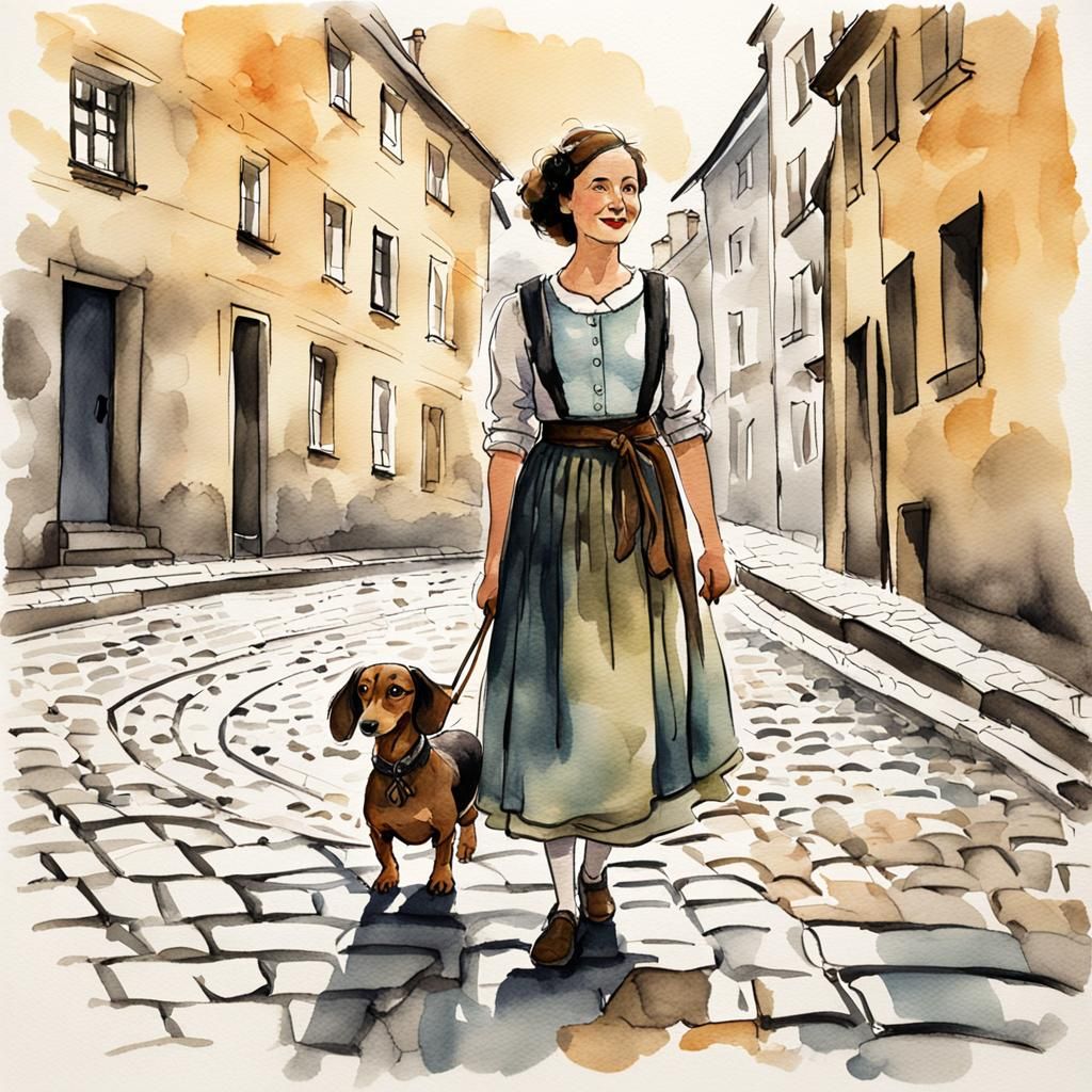 Woman with Dachshund in Ink and Wash Illustration