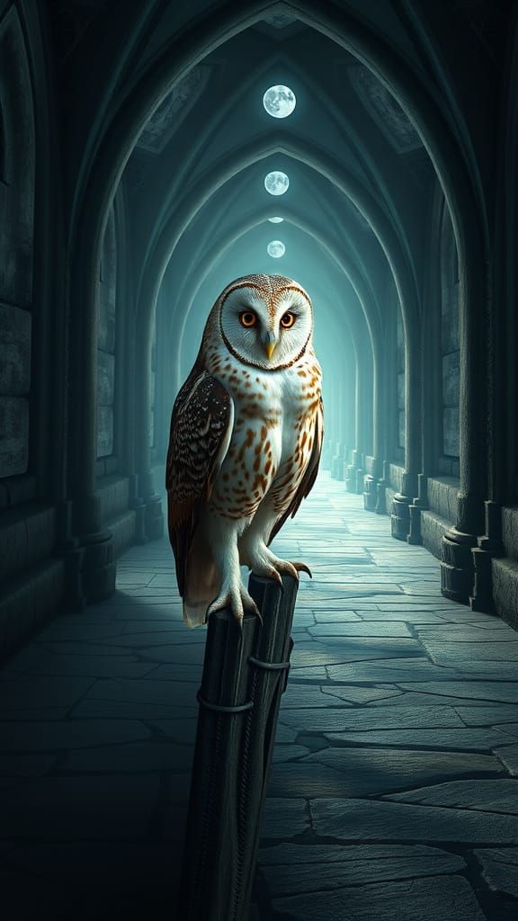 Surreal Barn Owl in Gothic Corridor