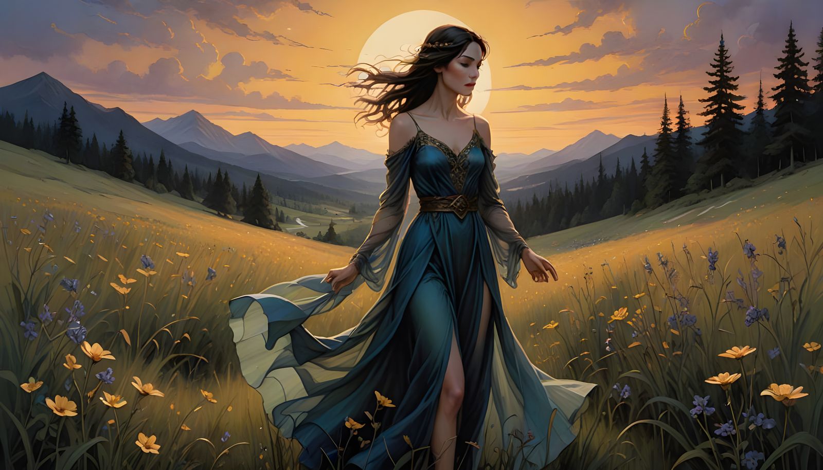 Ethereal Twilight Serenade: Sensual Woman Amidst Wildflowers