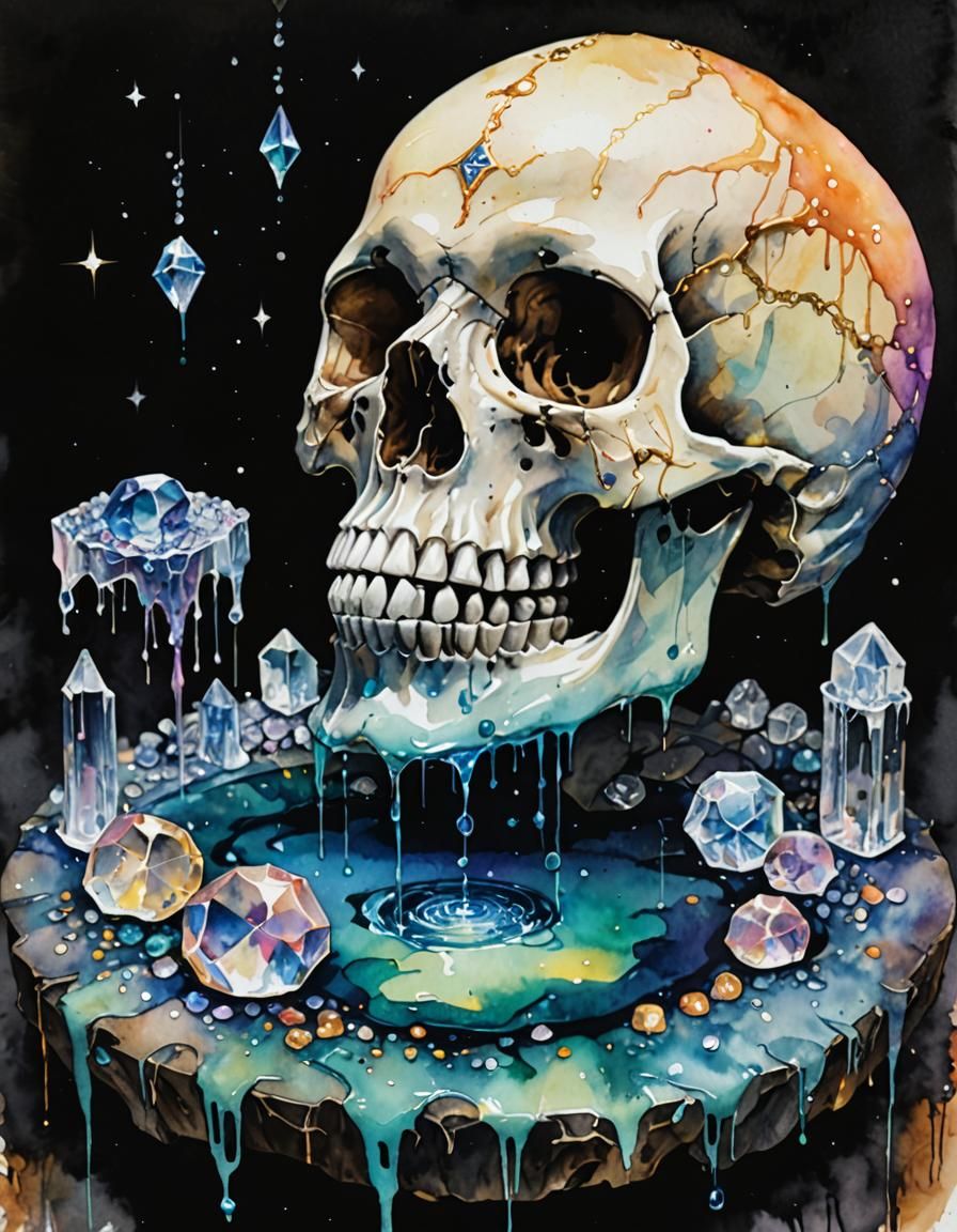 Opalescent Skull with Crystals in Watercolor Style