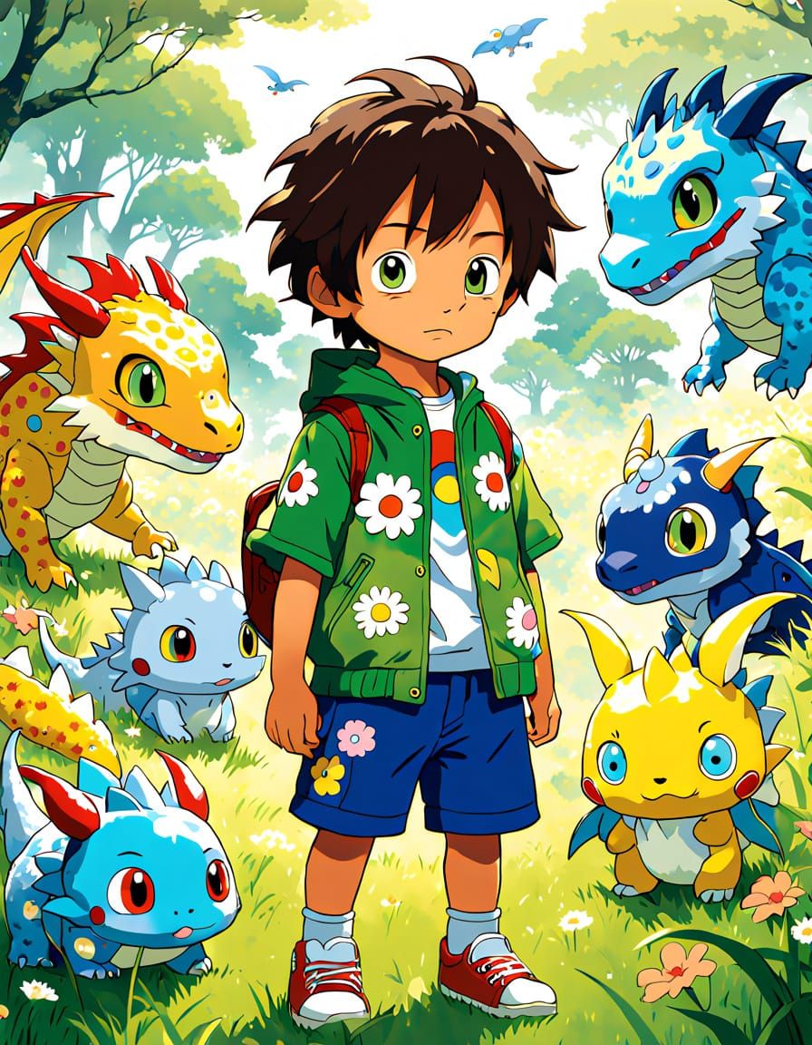 Whimsical Boy Surrounded by Adorable Baby Dragons in a Lush ...