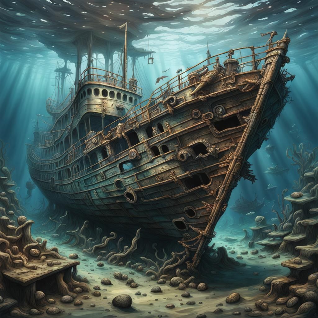 Haunted Underwater Shipwreck in Hyperrealism Style