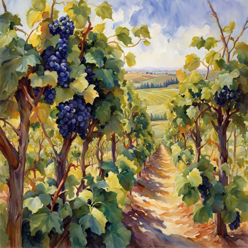 Vineyard Landscape in Whimsical Watercolor Style