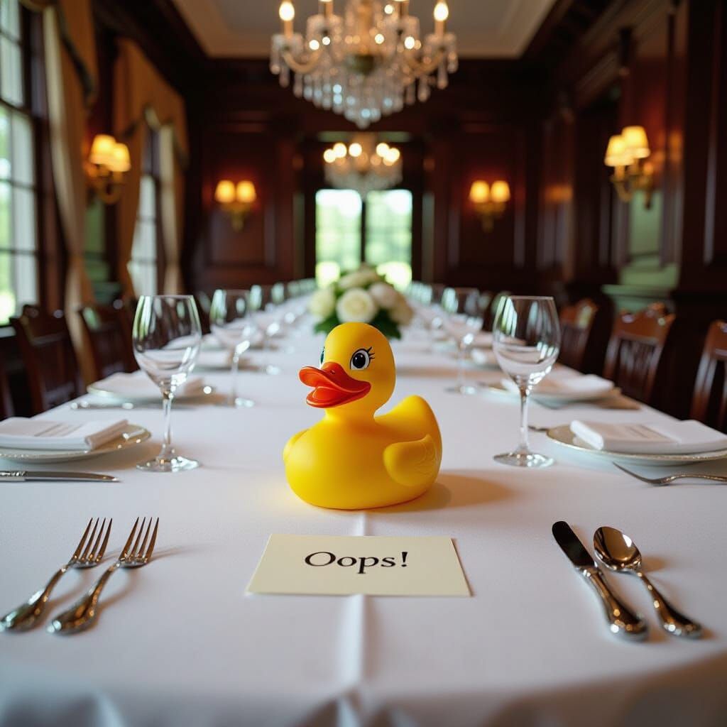 Formal Dinner Table with Rubber Duck in Opulent Room