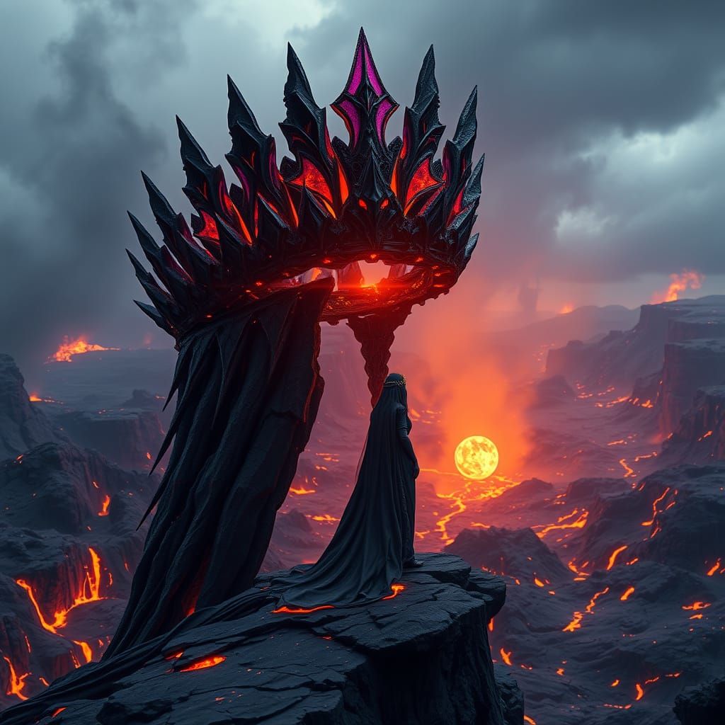 Regal Obsidian Queen Overlooking Molten Landscape