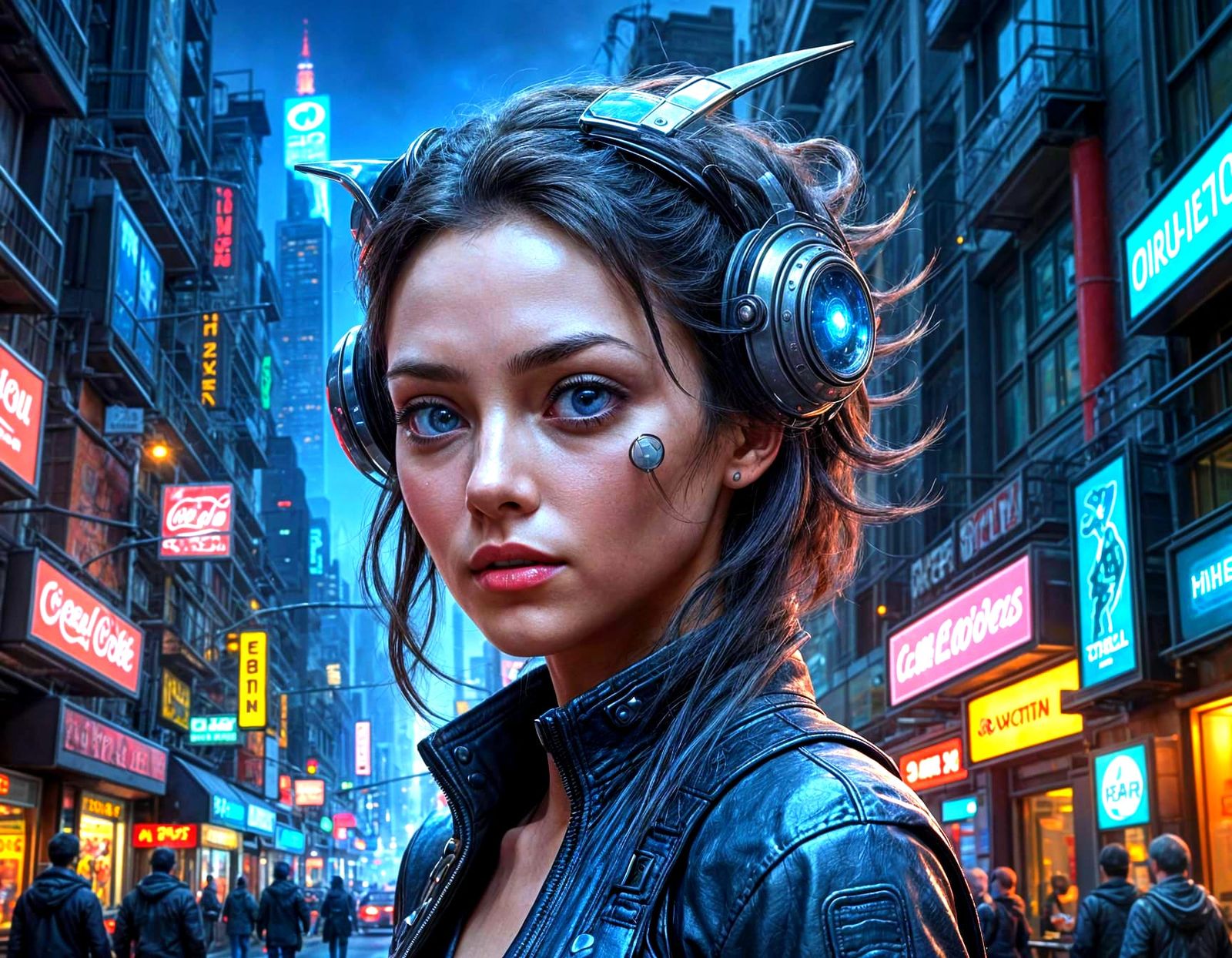 Futuristic Pulp Cityscape: Woman with TV Screen Eyes