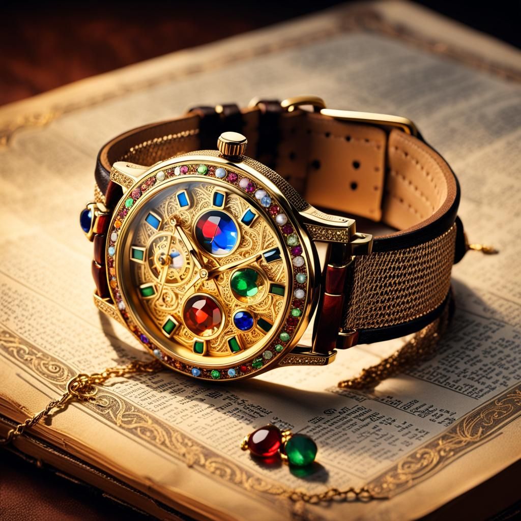 Luxurious Gold Watch with Gemstones on Antique Book
