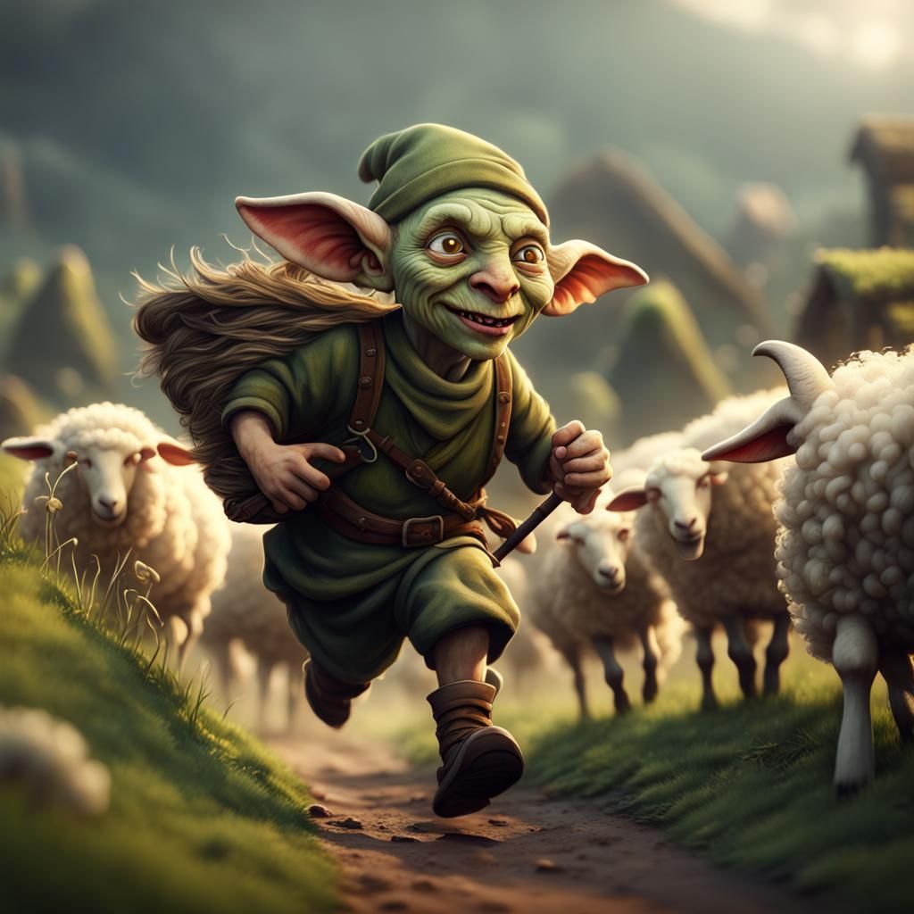 Goblin Farmer Herding Sheep in Detailed Digital Painting