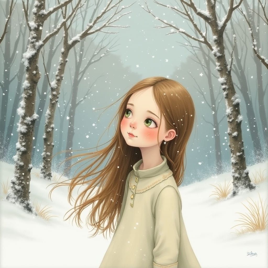 A Young Girl in a Serene Winter Wonderland in Impressionist....