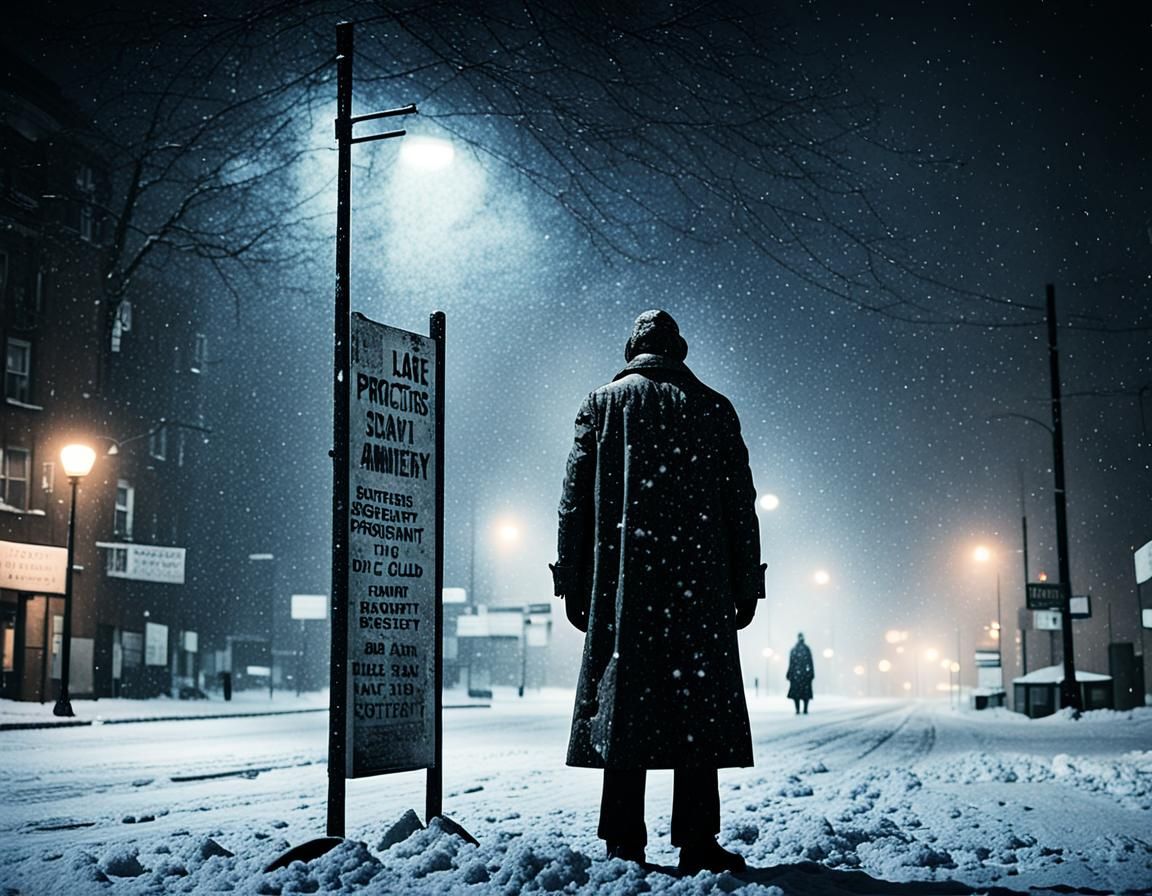 Lonely Protestor in Bleak Winter Cityscape