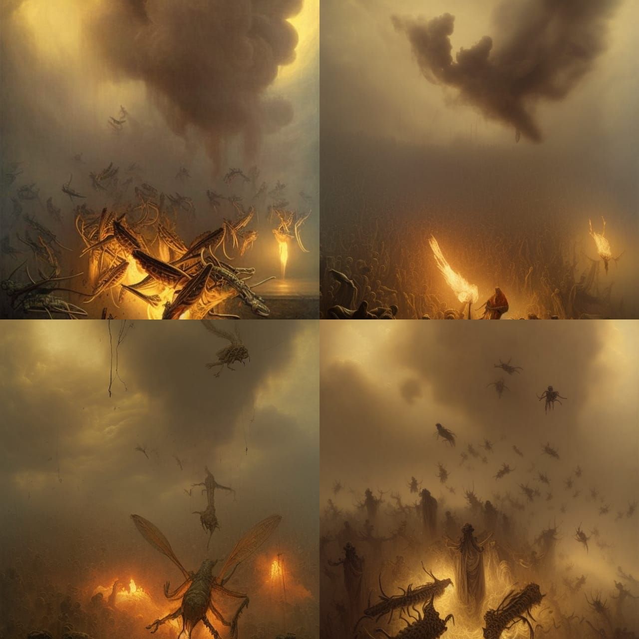 Biblical Smoke and Locusts in Oil Painting Style