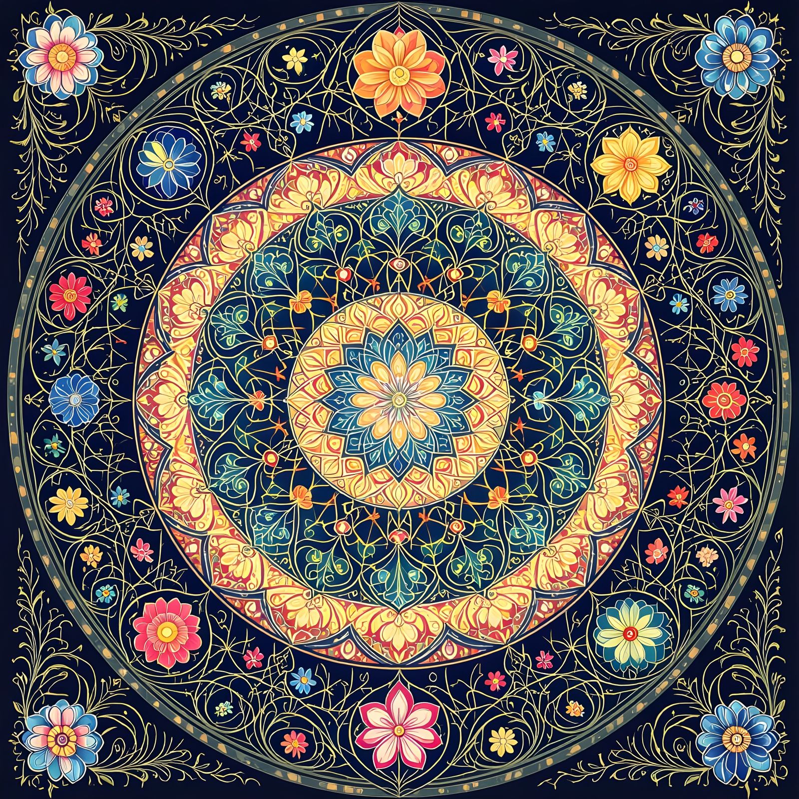 Mystical Garden Mandala in Luminous Colors