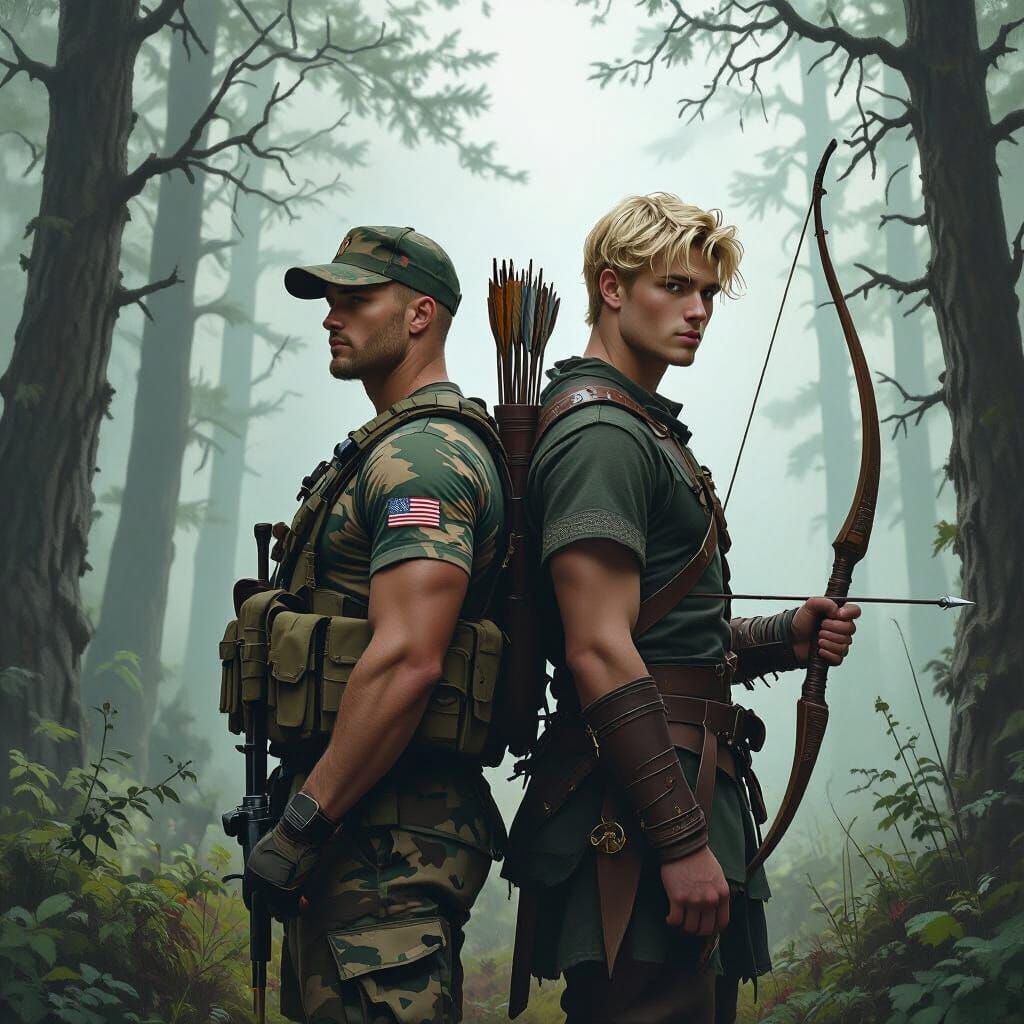 Soldier and Archer in Misty Forest, Matte Painting