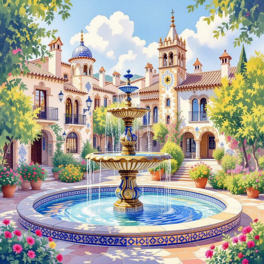 City Fountain in Watercolour Style