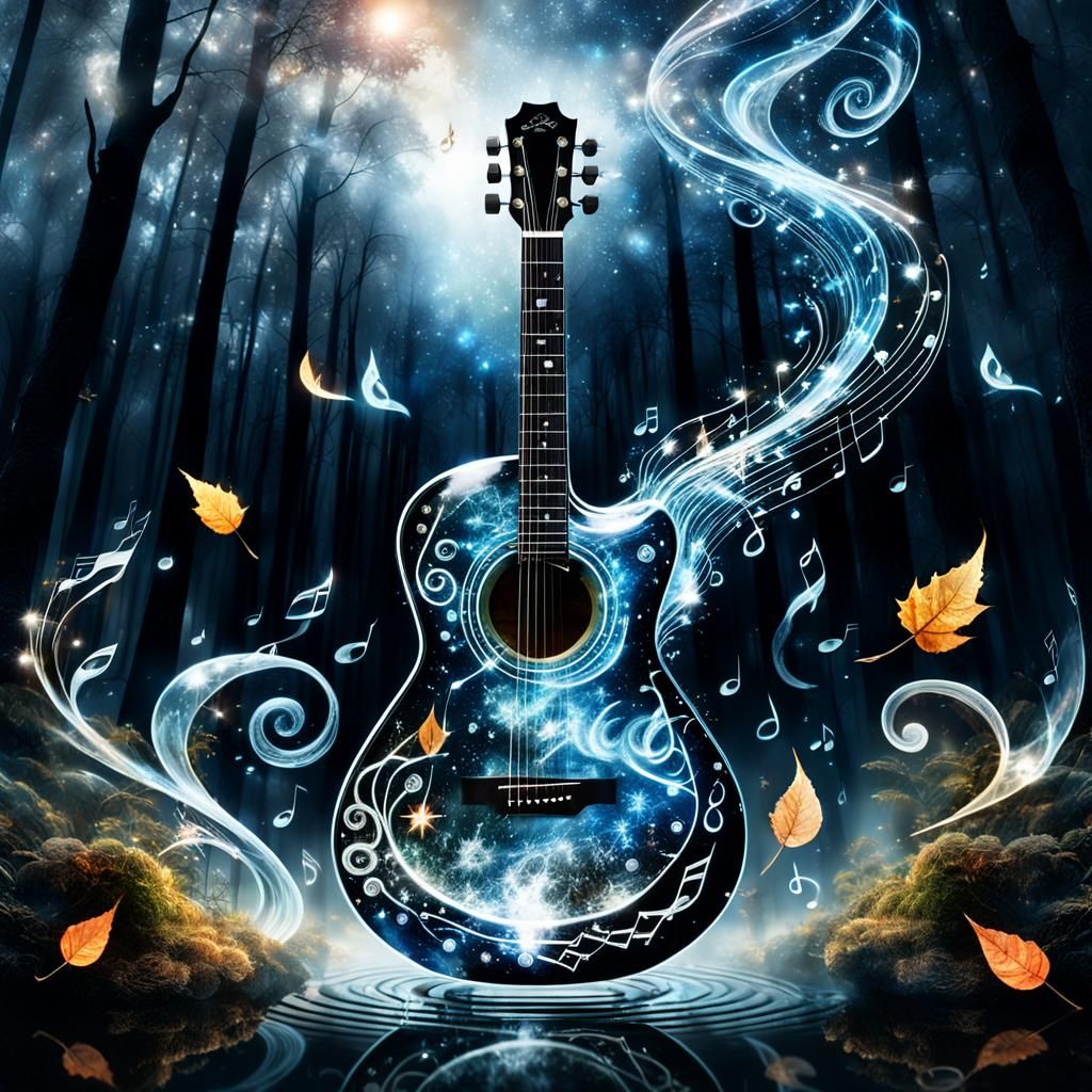Glass Guitar Double Exposure in Fantasy Forest