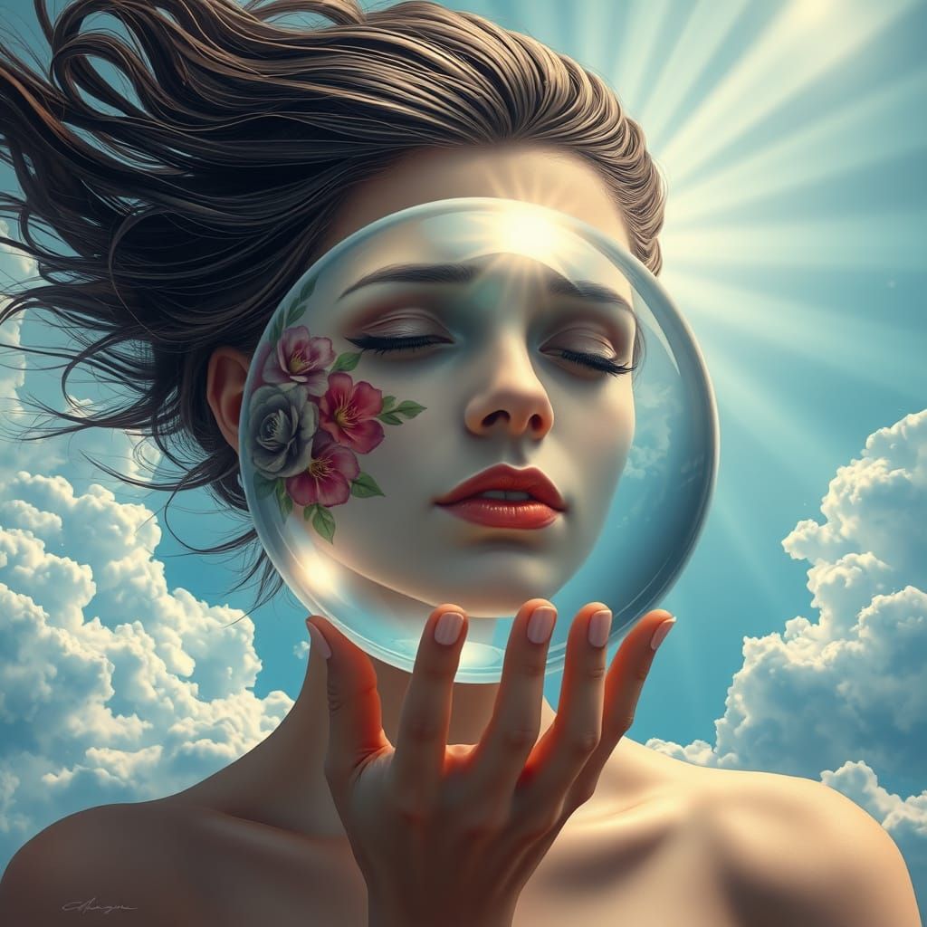 Melancholic Woman Reflects in Glass Globe with Flower Tattoo...