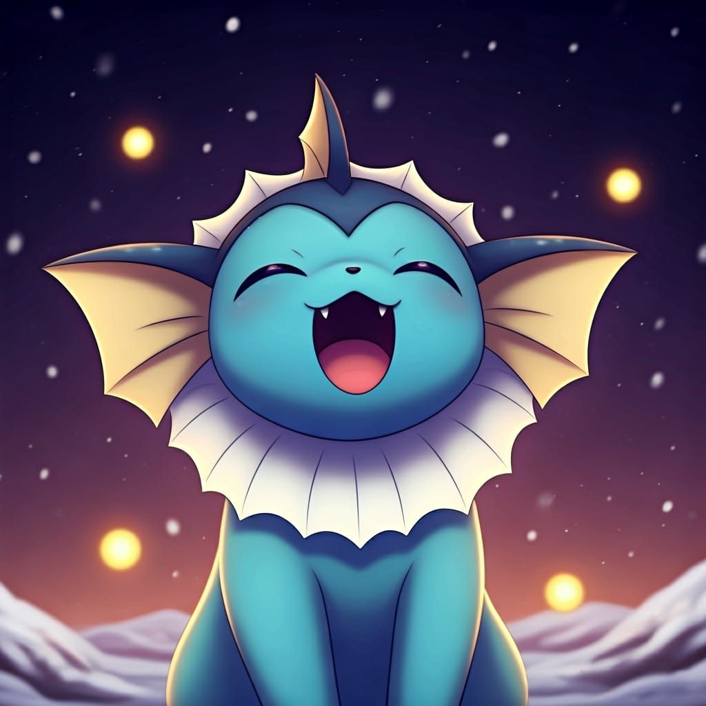 Cute Chibi Vaporeon's Joyful Snowy Night