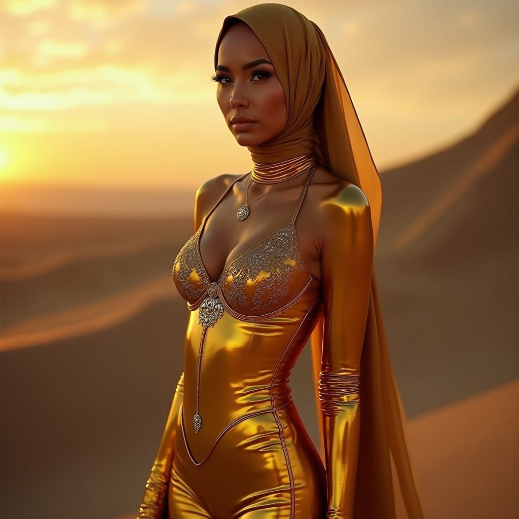 Luxurious Futuristic Hijabi Goddess in Shimmering Gold Latex