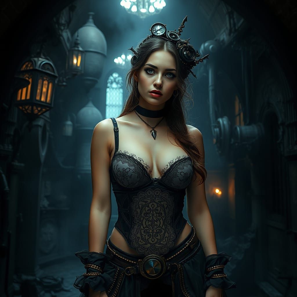 Steampunk Lady in Dark Castle, Surreal Art
