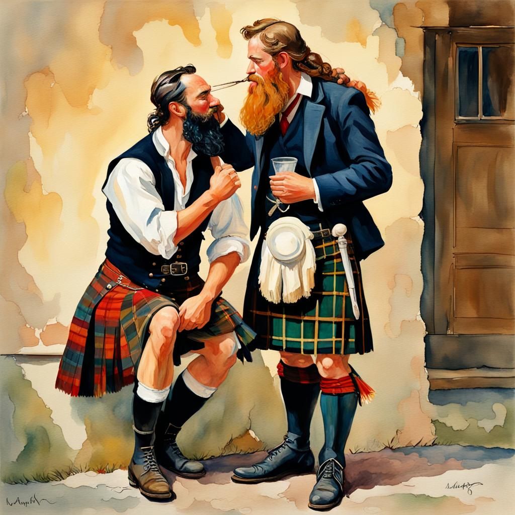 Kilted Men Kissing: Gouache-Style Impressionist Masterpiece