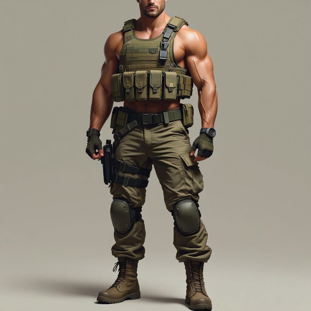 Confident Army Soldier in Tactical Vest, Gritty Realism