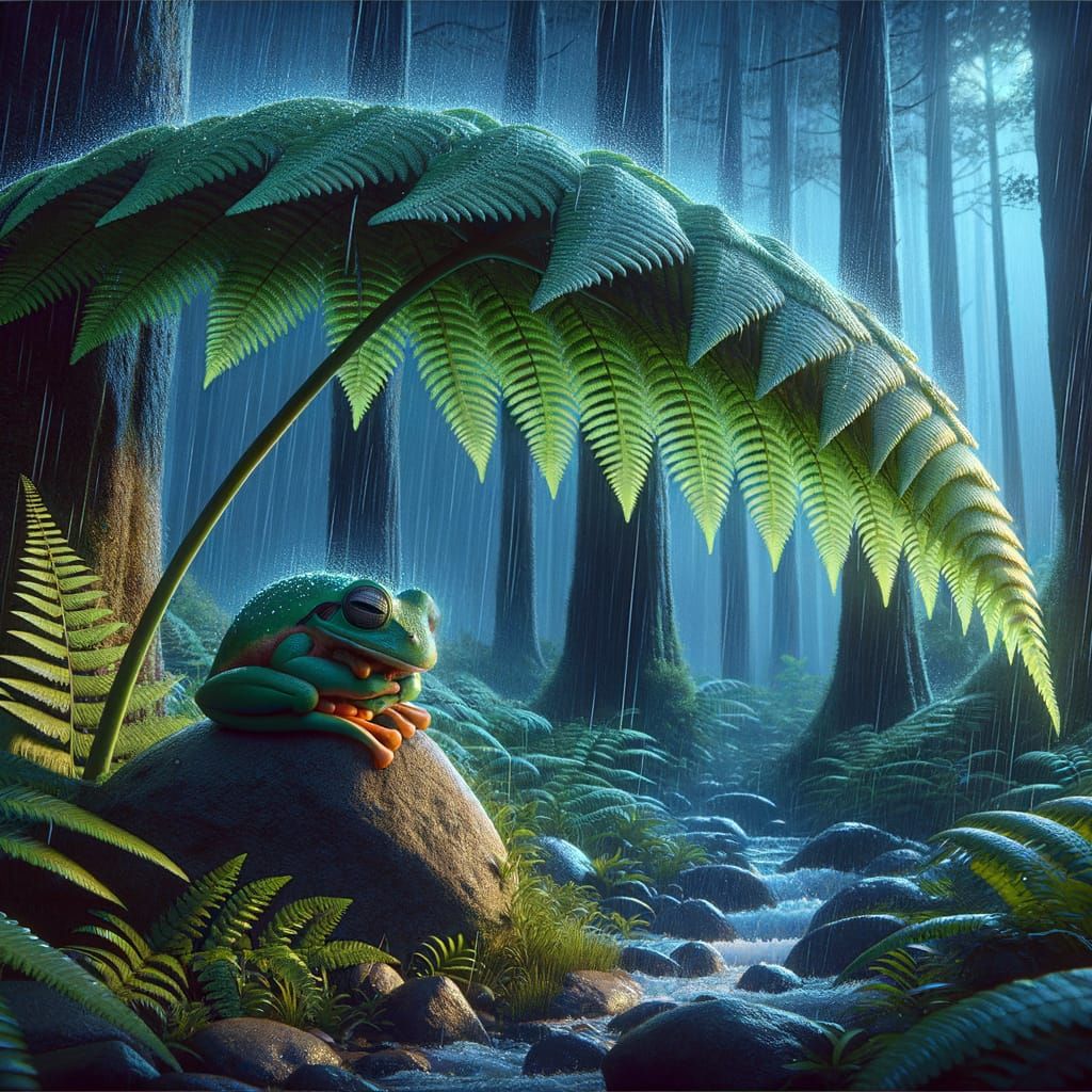 Whimsical 3D Fantasy Frog in Rainy Night Forest