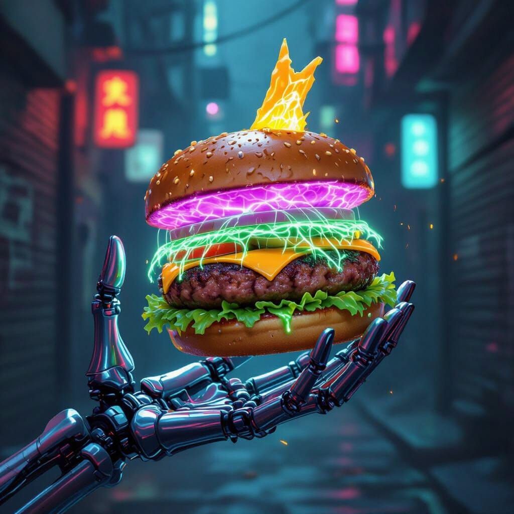 Bio-Luminescent Burger in Cyberpunk Alleyway