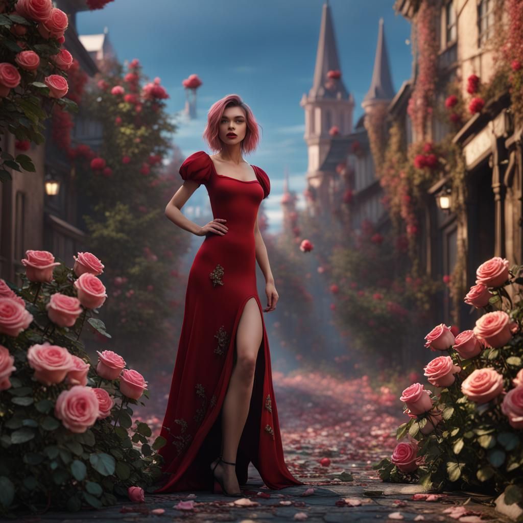 Model Posing in Rose-Filled Street: Detailed Matte Painting