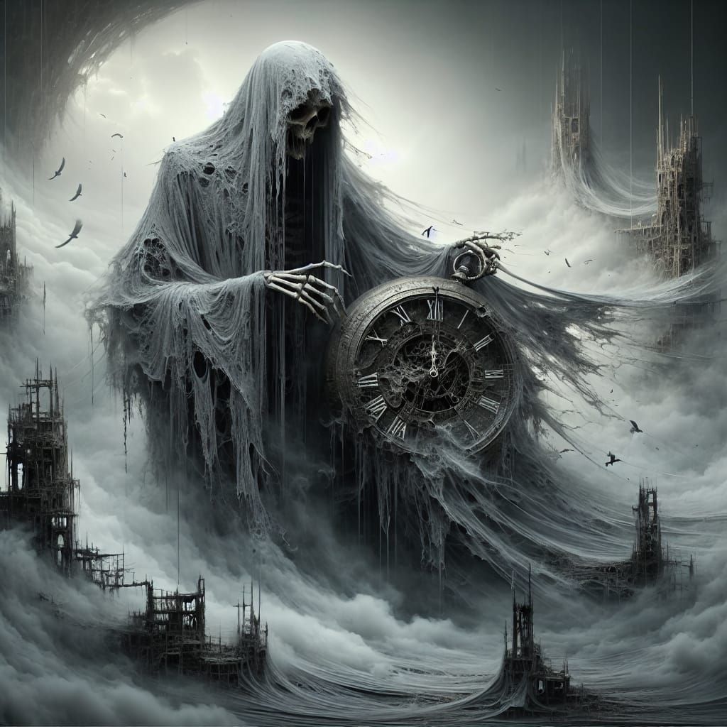 Ethereal Wraith in Monochromatic Robes at the Edge of a Fogg...