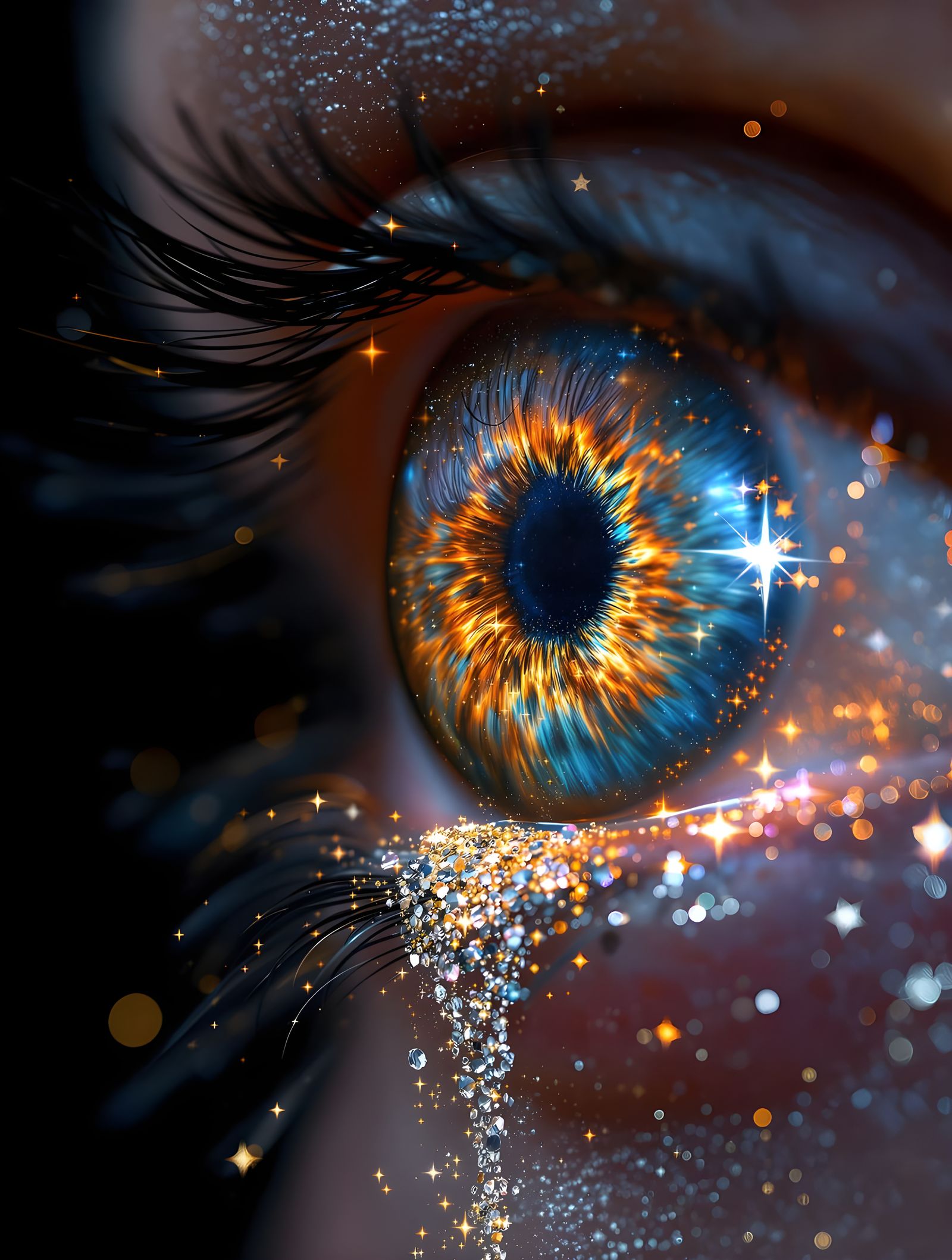 Hyperrealistic Eye as Cosmic Vortex with Star Tears