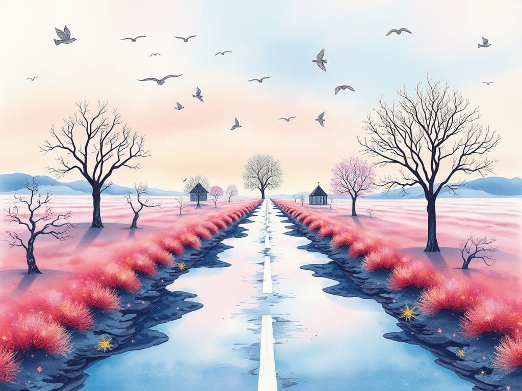 Surreal Spring Landscape with Road to Infinity in Soft Water...