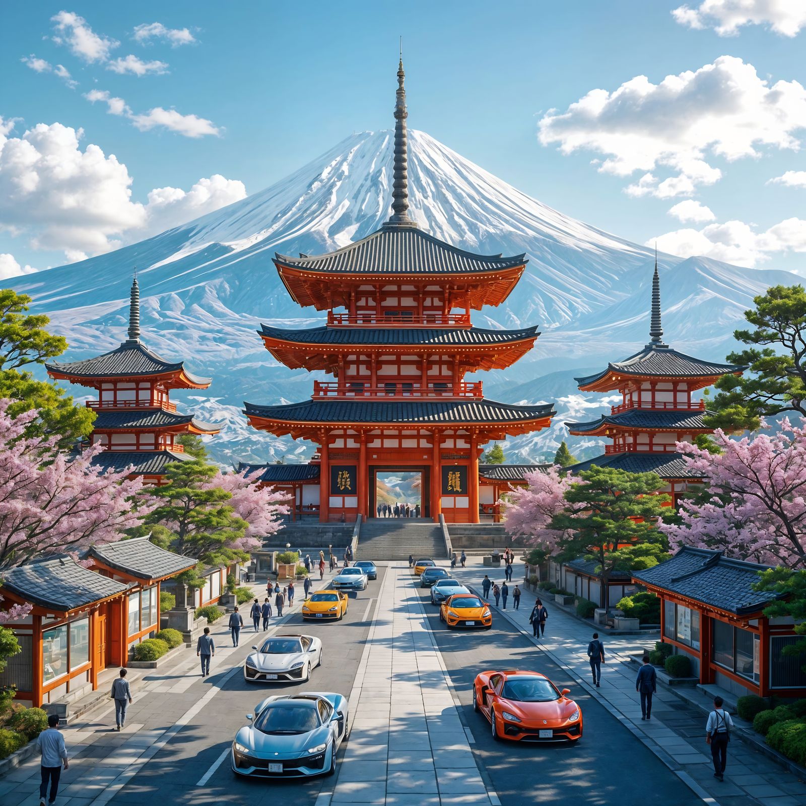 Solarpunk Kyoto Temple with Mount Fuji in Digital Art