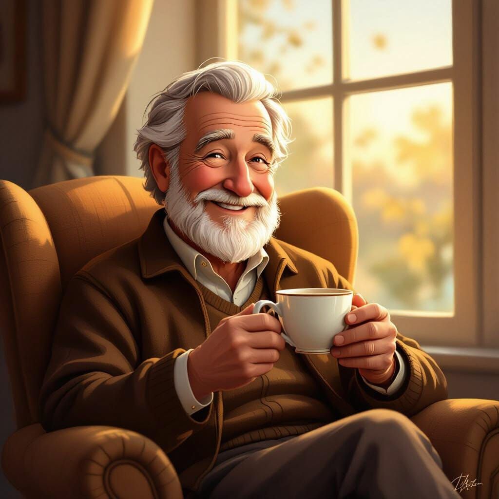 Wise Elder Enjoys Coffee by Window Light
