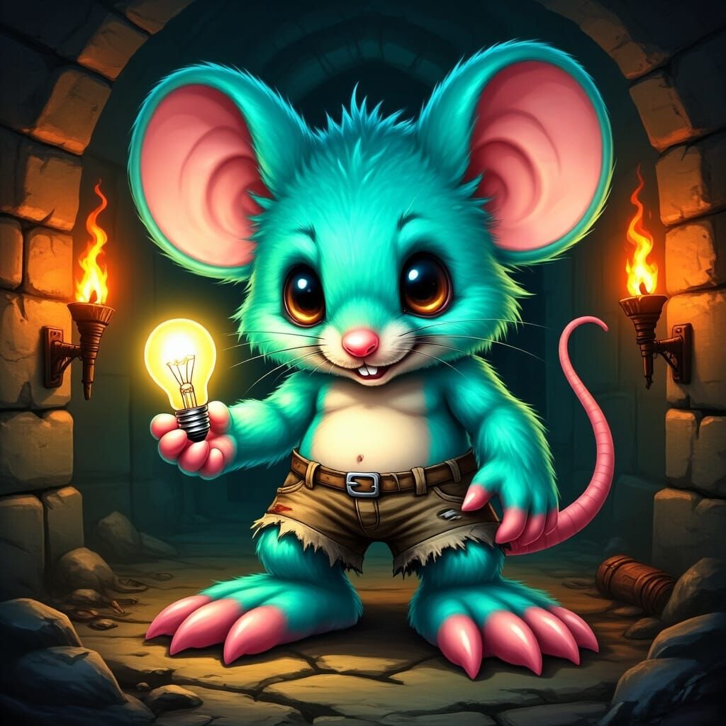 Giant Aqua Chibi Mouse Holds Light Bulb in Dungeon