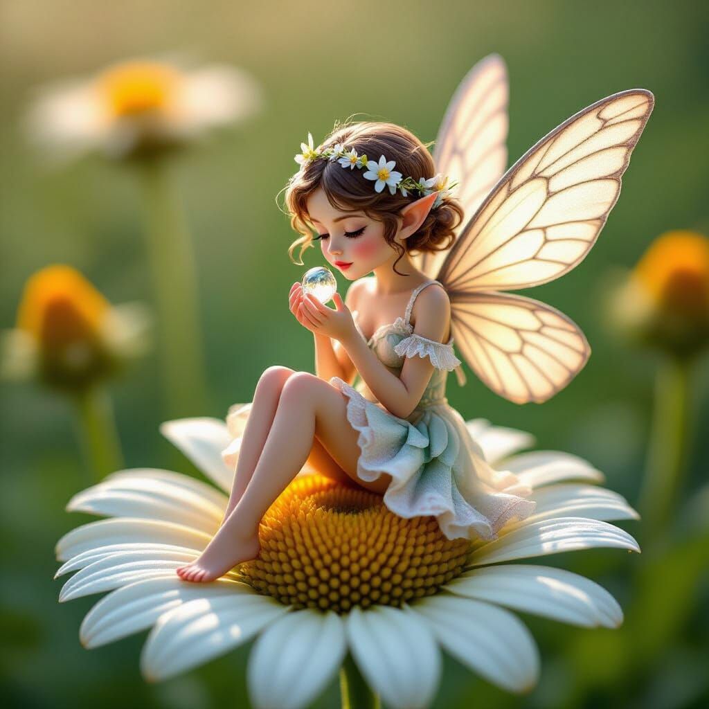 Hyperrealistic Miniature Fairy Drinking Dewdrop on Daisy