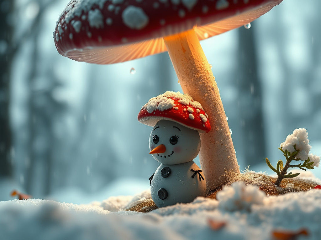 A cute miniature snowman scene in anime style, where a small, detailed snowman with charcoal eyes and a carrot nose seek...
